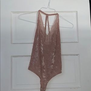 Express Pink Velvet Bodysuit with Lace V-neck